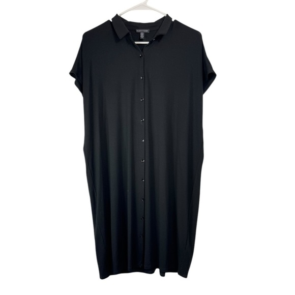 Eileen Fisher Size Small Button Front Polo Shirt Dress Black Stretch Jersey Knit - Picture 1 of 5